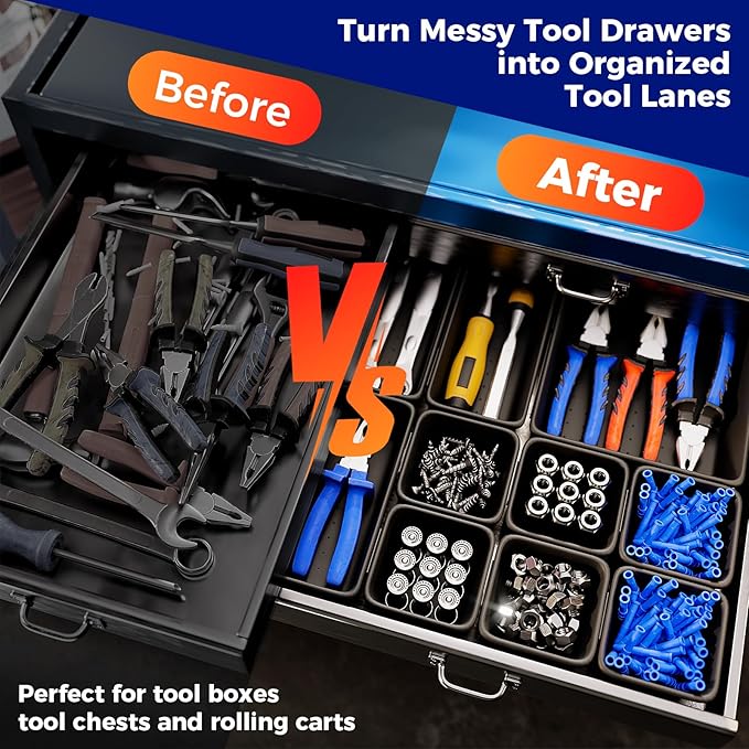 6 Large Tool Box Organizer Trays with EVA Non-Slip Pads, L-Size Desk Drawer Organizer Bins for Garage Tools, Toolbox Storage Trays for Rolling Tool Chest, Desk, Kitchen and Cabinet (L_6PCS_Black)