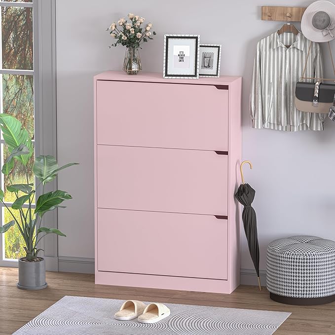 Shoe Cabinet with 3 Flip Drawers, Hidden Wood Shoe Cabinet, Pink