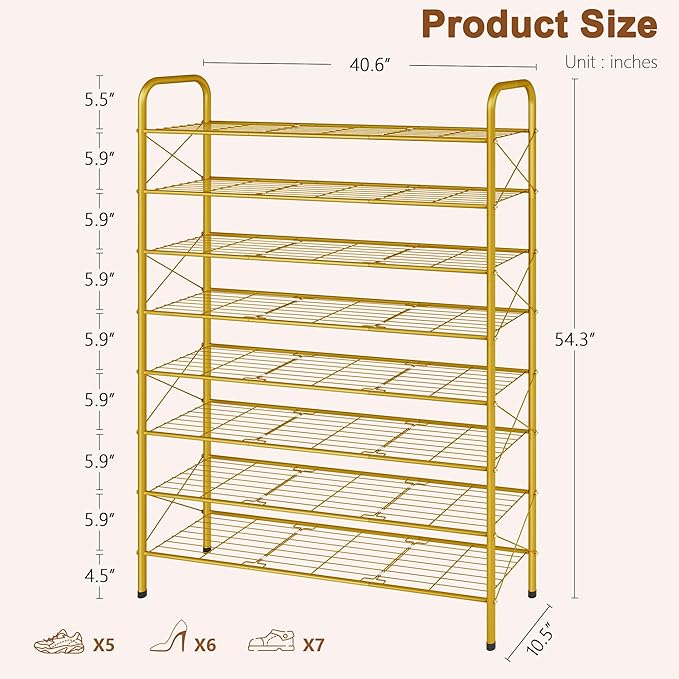 Hoctieon 8 Tier Shoe Rack for Closet, Durable Mesh Style Shoe Rack, Entryway Shoe Shelf, Shoe Storage Organizer for Hallway, Bedroom, Living Room, Wardrobe, Gold