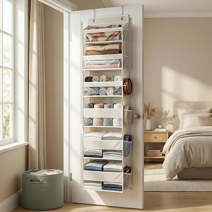 Over The Door Hanging Organizer, 6 Tier Closet Organizers and Storage with Mesh Side Pockets, Clear Window Door Shoe Organizer for Bathroom, Bedroom, Dorm, Yarn, Towel, and Accessory Storage