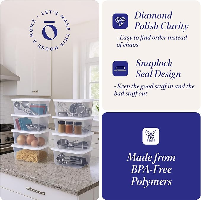 10-Pack Snaplock, Small Clear Plastic Storage Organizer Bins w/ Lids, 6 Quart