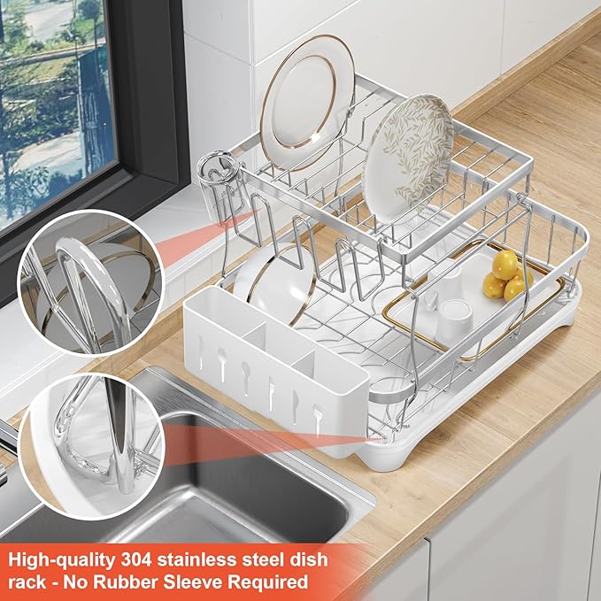 Dish Drying Rack for Kitchen Counter, 2-Tier 304 Stainless Steel Dish Rack with Adjustable Drainage Board, Removable Cup Holder, Utensil Holder, White