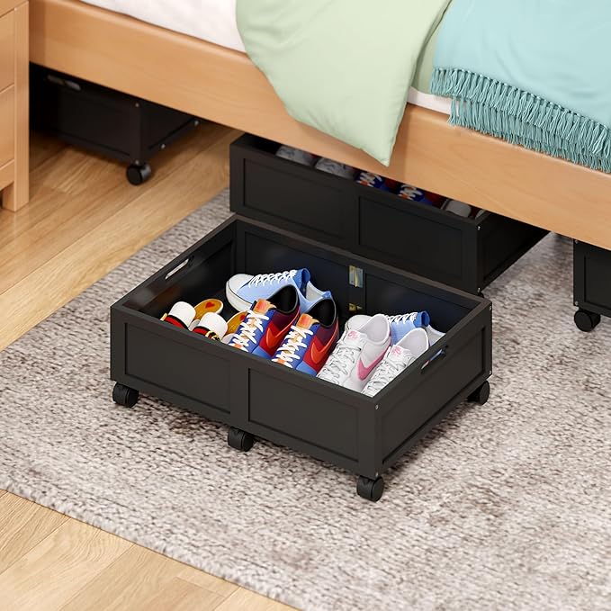 WISUCART Wood Under Bed Storage Containers Underbed Organizer with Wheels Sturdy Wood Rolling Under Bed Shoe Storage Organizer 2 Packs (Black, Small)