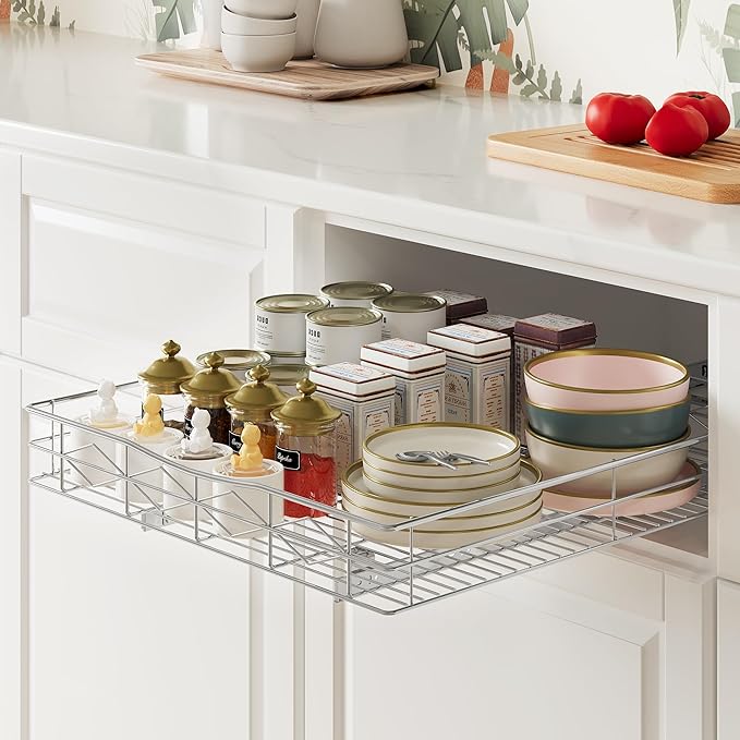 Pull Out Cabinet Organizer, 50LB Load Capacity Bottom-mount Sliding Drawer for Pots and Pans, 14" W x 21" D Under Sink Storage Shelf for Cabinet Opening 15" W x 22" D or Larger, Chrome Finish