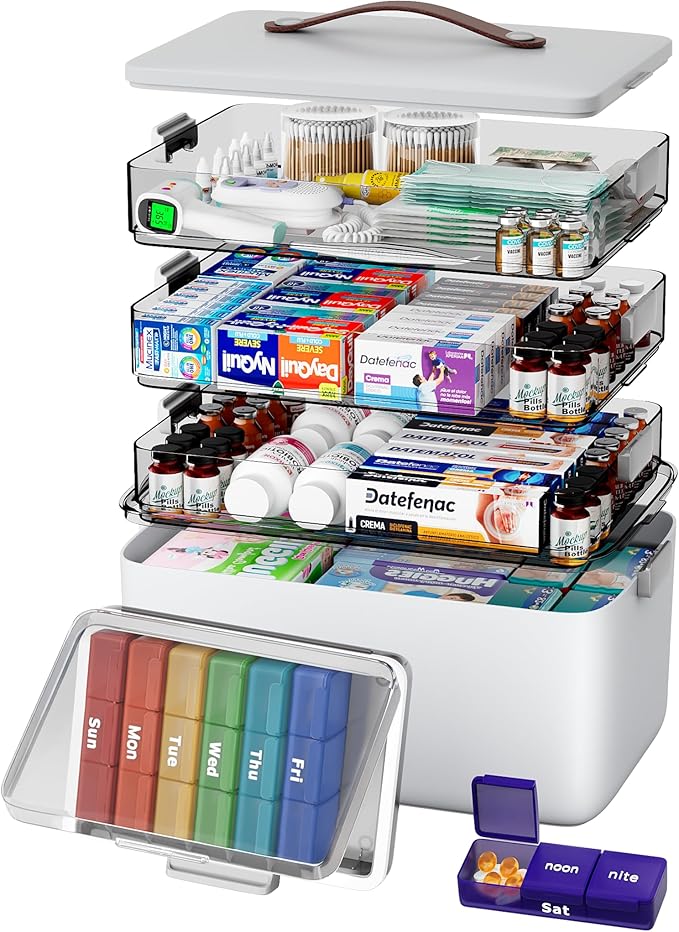 4-Tier XL Medicine Organizer with Leather Handle