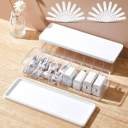 2 Pcs Cable Organizer Box with Wire Ties, Clear,White