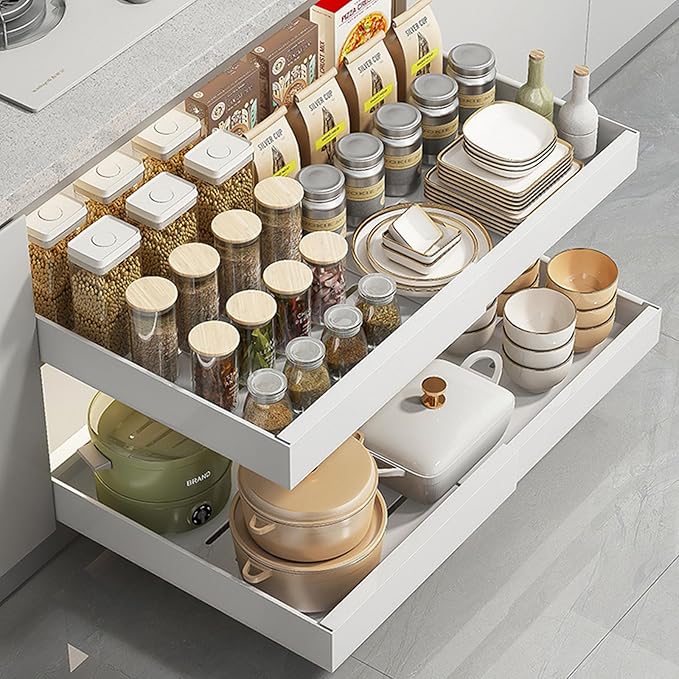 Pull Out Cabinet Organizer, Expandable(7"-11") Slide Out Cabinet Organizer, Pull Out Drawers for Cabinets, No Drilli with Adhesive Nano Film for Kitchen Pantry Shelves, Bathroom
