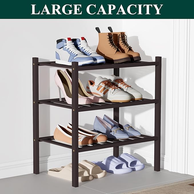 Bamboo Shoe Rack for Closet, 3 Tier Small Wooden Shoe Organizer, Brown