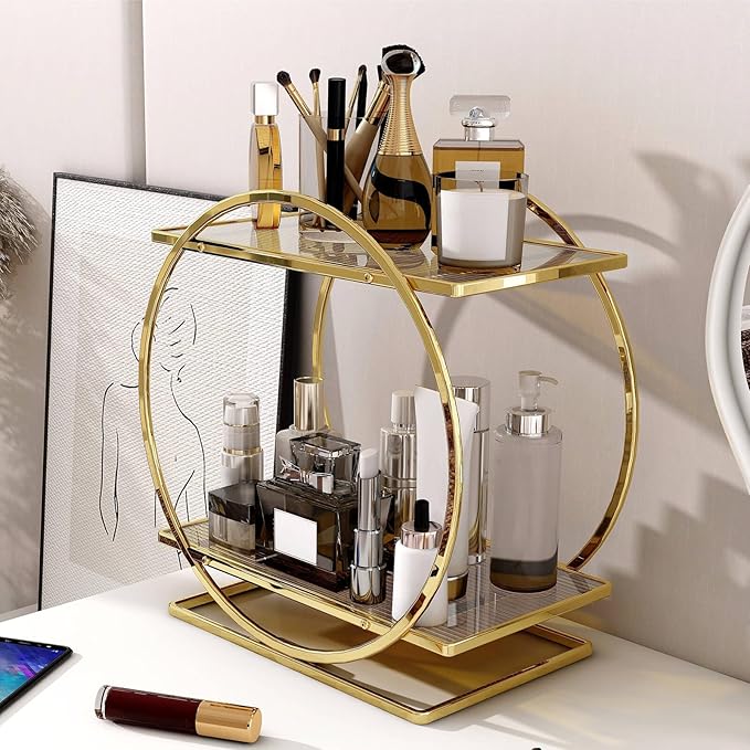 Perfume Organizer for Dresser, 2 Tier Bathroom Counter Organizers and Storage, Gold Makeup Organizer for Vanity, Bathroom Accessories & Decor, Skincare Perfume Trays Cosmetic Display Holder