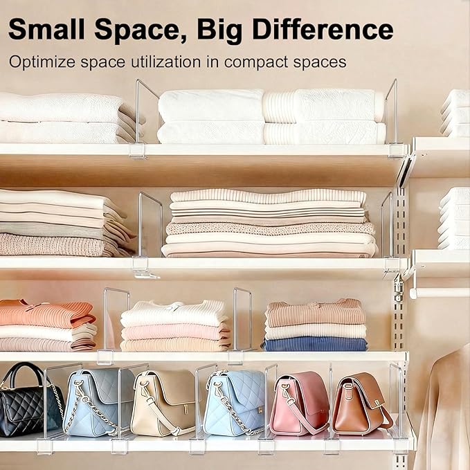 SortNStore Shelf Dividers Purse Organizer for Closet: 6-inch Tall(Shorter Version) Acrylic Handbag Organizer - Small Space Separator for Clutches Evening Bags Pouches Mini-Bags on Wood Shelves 6-Pack
