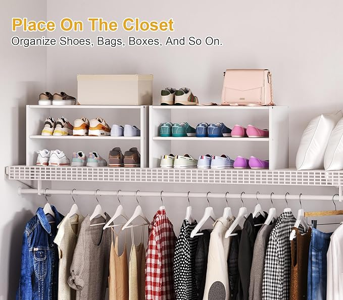 Cidaziya 2 Pack 2 Tier Small White Shoe Rack for Closet, Stackable Shoe Shelf Organizer for 9-12 Pairs of Shoes, Portable Wood and Cloth Structure, Small Shoe Storage Organizer, Size 28.5"* 11" * 13"