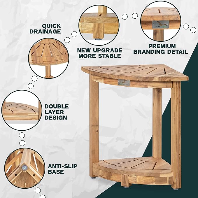 VICTORY RELAX Acacia Wood Corner Shower Shelf for Inside Shower – Waterproof Shower Bench & Foot Rest for Shaving Legs, Small Bathroom Spa Seat, Light Natural Color (17.9")