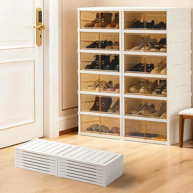 Foldable Shoe Rack Organizer Collapsible Shoe Storage Organizer with Doors, Large Plastic Folding Shoe Rack, Clear Shoe Storage Boxes Easy Assembly Shoe Cabinet for Entryway (2 x 6 Tiers-12 Pairs)