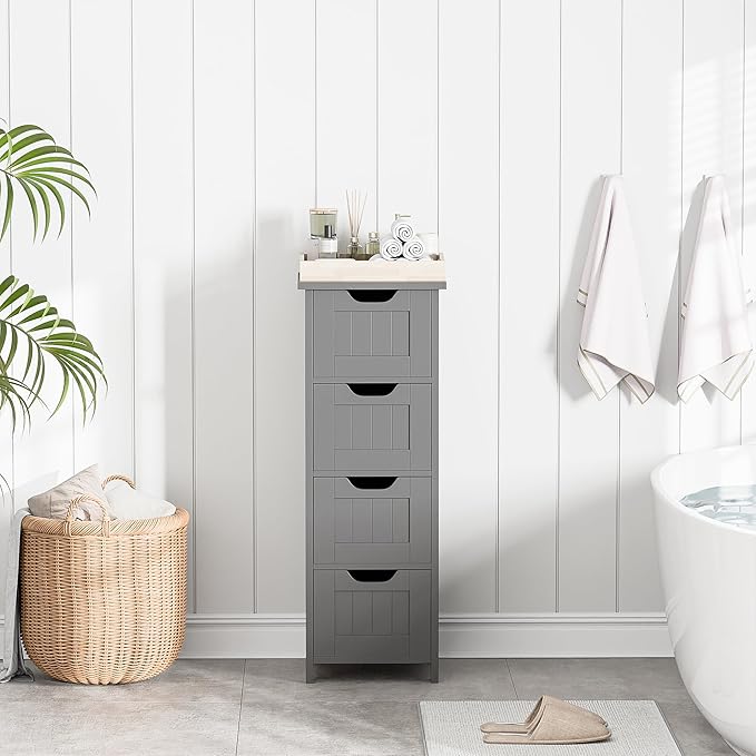 Bathroom Floor Storage Cabinet, Freestanding Wooden Side Organizer w/4 Drawers & Anti-Tip Kit for Bathroom Living Room Hallway Office Study, Grey