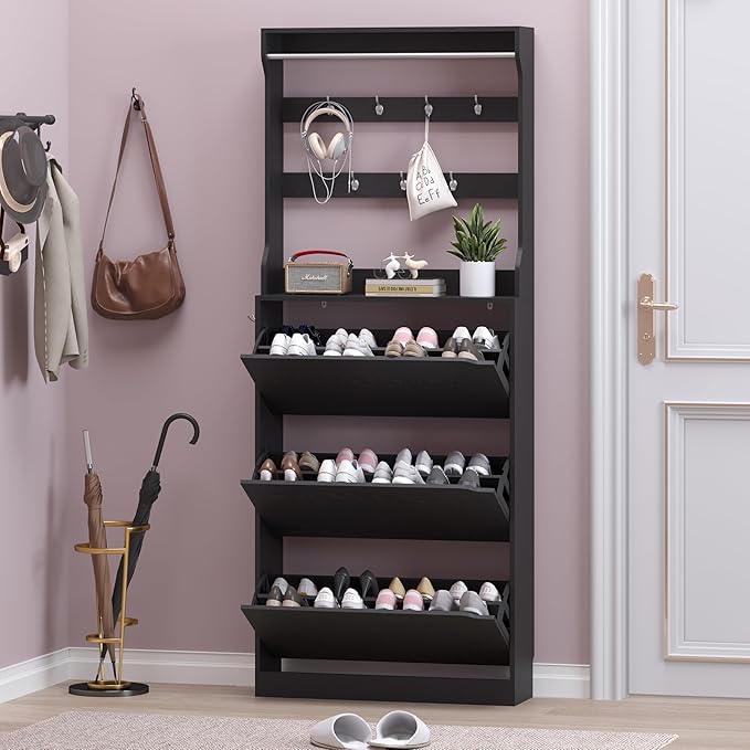 Shoe Cabinet with 3 Flip Drawers & Coat Rack, Narrow Hidden Shoe Storage Cabinet