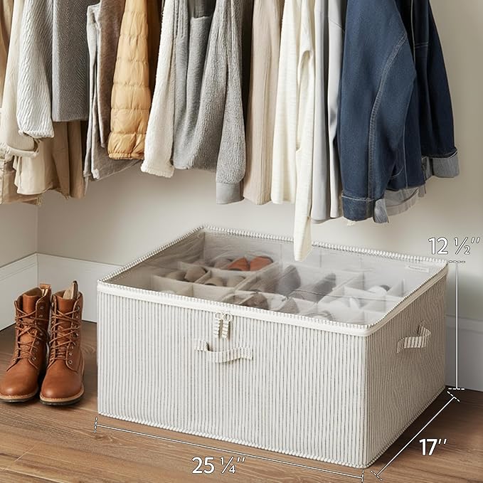 StorageWorks Shoe Organizer for Closet, Fits up to 24 Pairs, Shoe Cubby Storage Containers with Adjustable Dividers and Clear Cover, Khaki and Beige Stripes