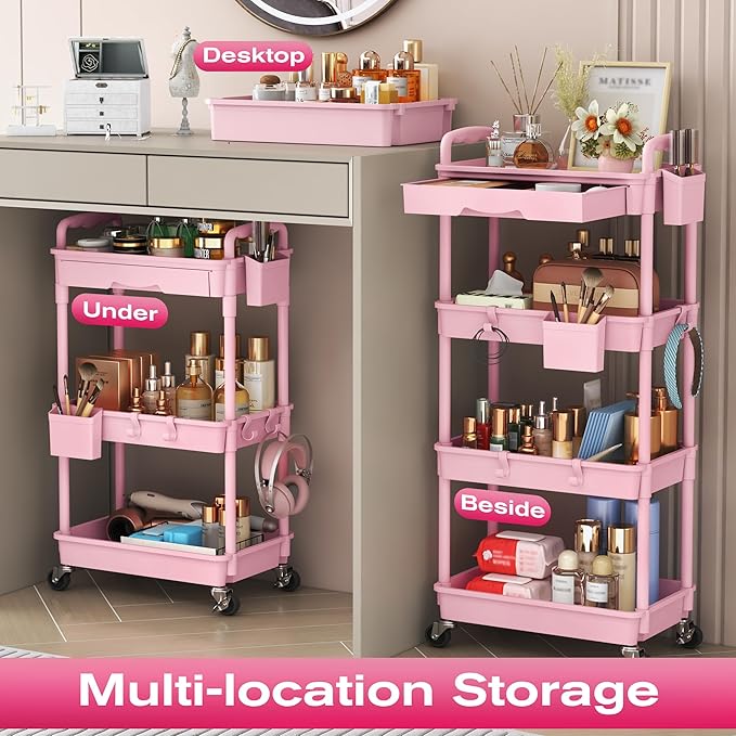Goovilla Rolling Makeup Organizer Cart with Removable Drawer, 3 Tier Stable Pink Floor Skincare Storage Cart for Vanity, Cosmetic Display, Nail Polish, Perfume, Hair Stuff, Beauty, Bathroom(Plastic)