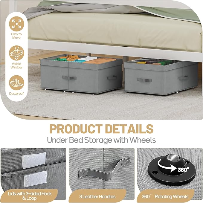 Large Under Bed Storage with Wheels, 10" Height Rolling Underbed Storage Containers Bins with Lid, Deep No-Assembly Under Dorm Bed Storage Drawers for Shoes, Clothes, Blankets (2 Pack, Grey)