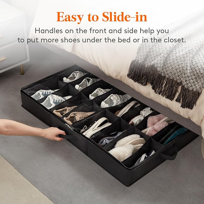 Lifewit Under Bed Shoe Storage Organizer 1 Pack(16 Shoes Cells+4 Boots Cells), 4.3 Inches Profile Fabric Shoes Container Box with Clear Cover, Foldable Storage Bag with 2 Handles, Fits 12 to 20 Pairs