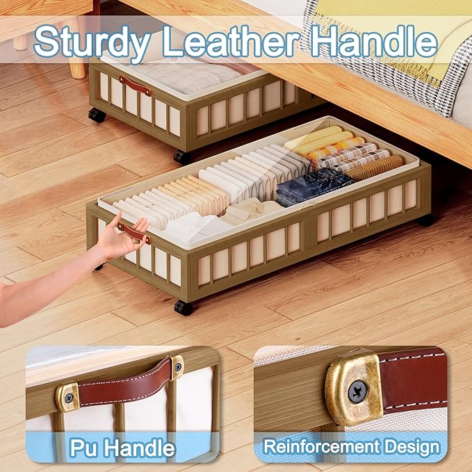 2-Pack Bamboo Under Bed Storage with Wheels, Brown