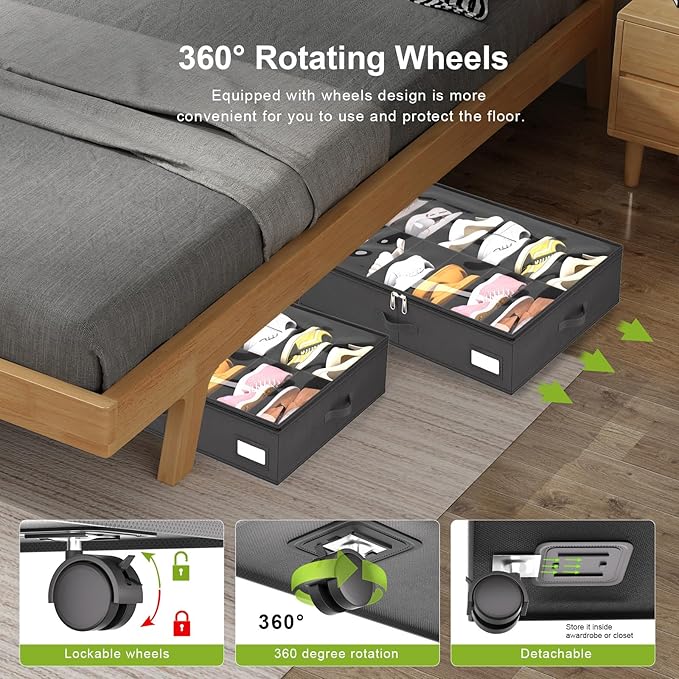 Under Bed Shoe Storage with Wheels, Fits 24 Pairs, Black