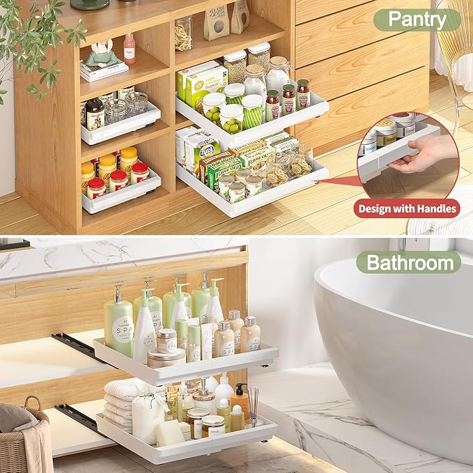 DOMNIU 2 Pack Pull Out Cabinet Organizers Expandable (13''-19''), Plastic Slide Out Drawers for Kitchen, Bathroom, Pantry, Under Sink Storage, Pull Out Drawers Fixed with Adhesive Nano Film (White)