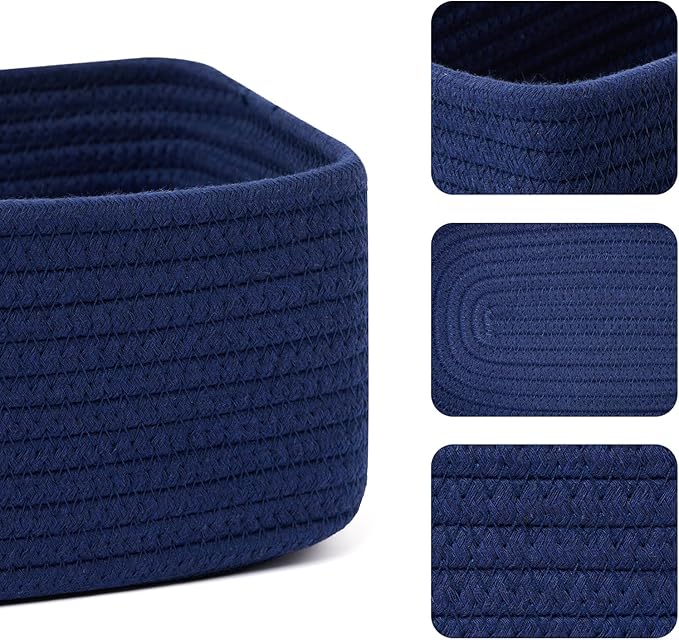 MiniArk Small Storage Baskets for Organizing | Closet Organizer Bins | Shelf Toy Basket | Woven Rope Baskets | Cube Decorative Box | Shallow Basket | 11.5x7.5x4.7” | 4 Packs Navy Blue