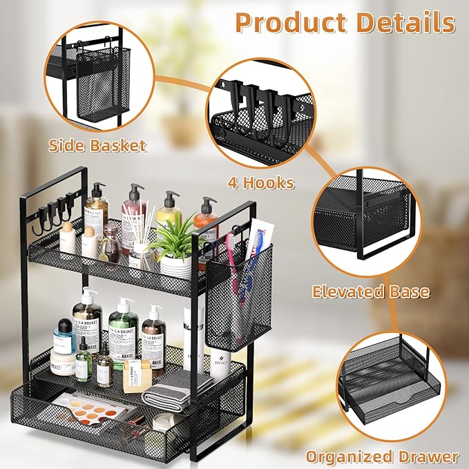 2 Tier Bathroom Organizer Countertop with Drawer, Black