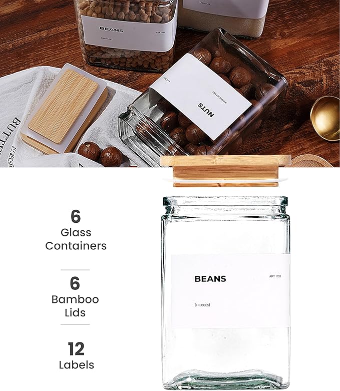APT 1101 Glass Storage Jars with Bamboo Lid, glass canisters with airtight lids, Clear jars with lids for Spice, Cookie, Candy, Tea, Coffee Bean and Rice (White, 26 oz, Set of 6)