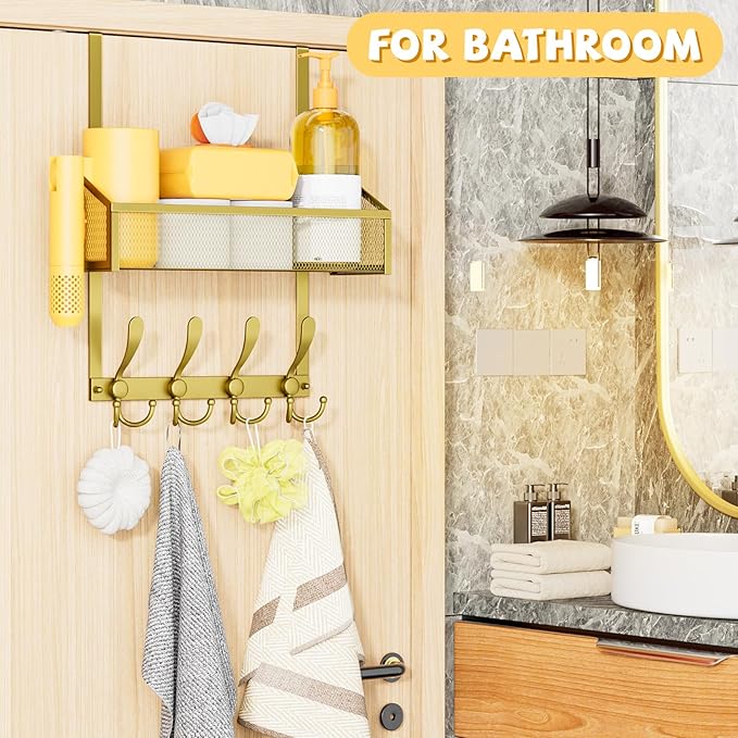Kaiferty Over The Door Hooks Organizer, Coat Rack Over The Door Storage Hanger Towel Rack, Back of Door Storage Organizer for Bathroom,Bedroom,Kitchen,Office (Gold, 2-Tier)