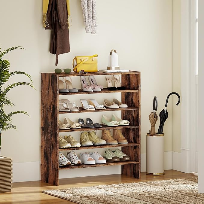 Giantex 3-in-1 Vertical Shoe Rack, 6-Tier Free Standing Shoe Storage Organizer w/Stackable Design for 18 Pairs, 31 Inch Wide Wood Shoe Shelf for Closet, Entryway, Living Room, Office (2, Brown)