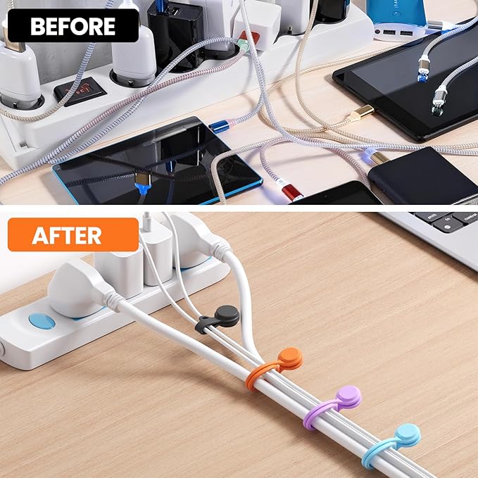 Tounee Reusable Silicone Magnetic Cable Ties - 2 Sizes Combo (4pcs 2.56'' + 20pcs 7.16'') - Multi-Purpose for Cable Bundling, Organizing, Bookmarks & Fridge Magnets - Assorted Colors, Pack of 24