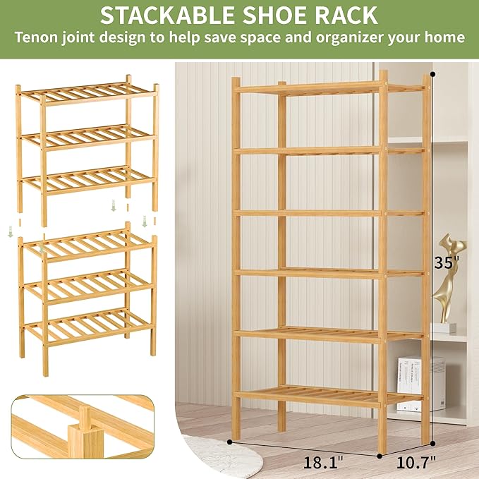 CRAFT 6-Tier Bamboo Small Shoe Rack, Natural