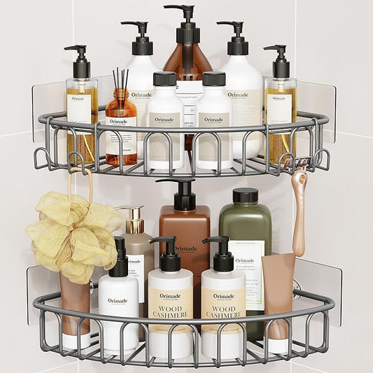 Orimade Corner Shower Caddy with 2 Hooks Wall Mounted Metal Bathroom Shelf Storage Organizer Adhesive No Drilling 2 Pack, Grey Only for 90-Degree Corner