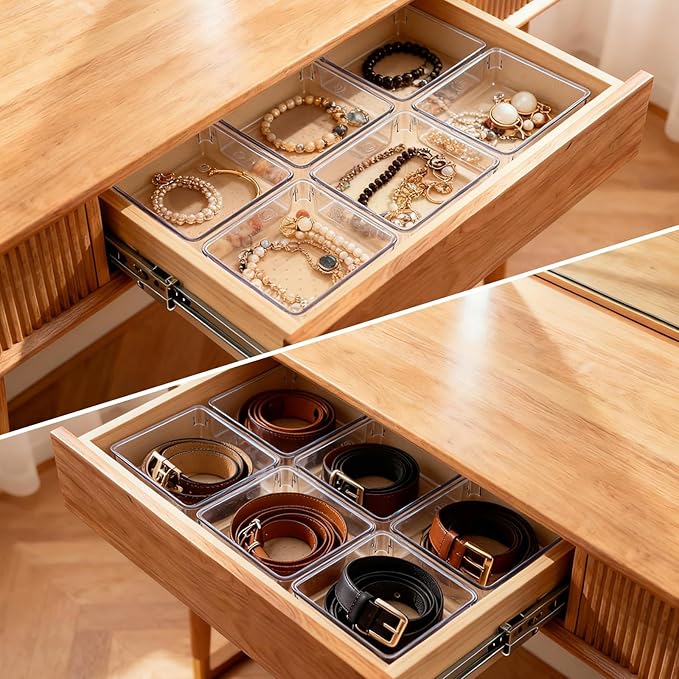 6 Pcs Large Clear Plastic Drawer Organizers Tray 6" x 6" Storage Bins with 25