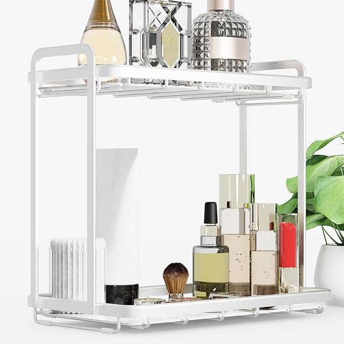 Counter Organizer for Bathroom, Kitchen or Coffee Bar, Metal Shelf with Faux Marble, Vanity Countertop Makeup Storage, Dresser Perfume Display Rack, Toilet Tank Tray (Matte Silver, 2-Tier)