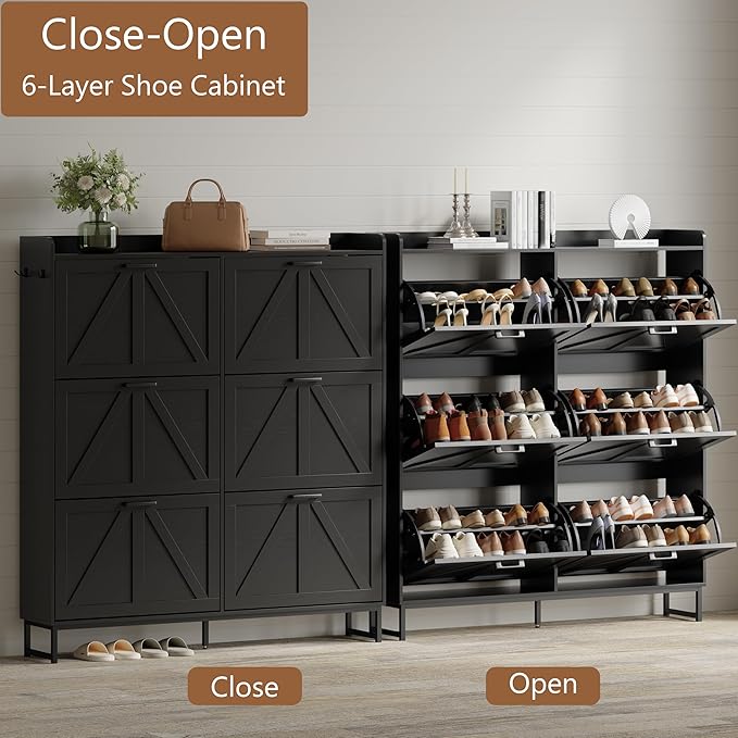 Shoe Cabinet with 6 Flip Drawers, Black