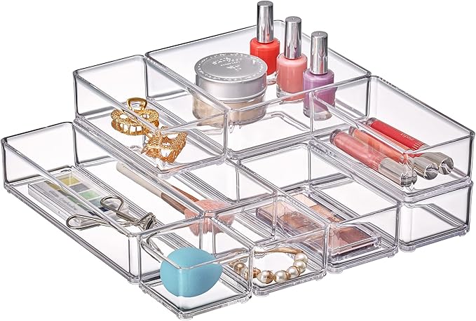 Amazing Abby - QuickSort - Plastic Stackable Organizers (10-Piece Set) for Vanity and Desk Drawer, Perfect Storage Solution for Beauty Products, Office Supplies, Decorative Items, and More