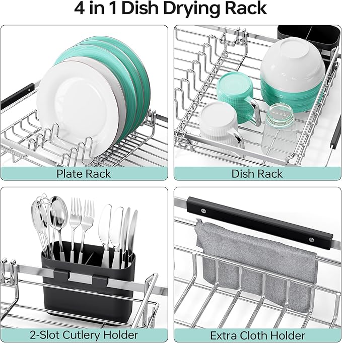 Urackify Dish Drying Rack in Sink - Stainless Steel Expandable (14.5''-18''L) Over The Sink Dish Rack with Utensil Holder, Space-Saving Dish Drainer for Kitchen Counter, Silver