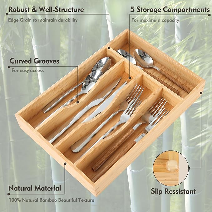 Upassion Bamboo Kitchen Drawer Organizer, 8.25 Inch Utensil Organizer Silverware Utensil Holder for Samll Drawer, Silverware Organizer for Cutlery Knives, Natural