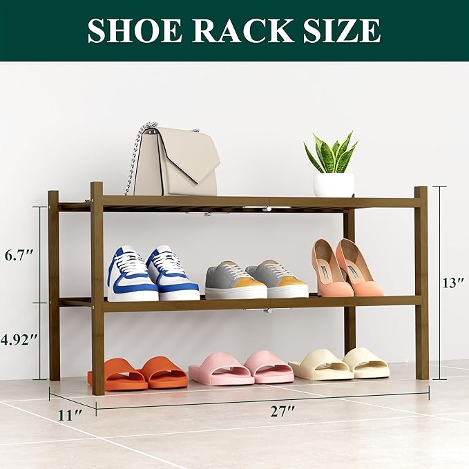 Smiry Bamboo Shoe Rack, 2 Tier Free Standing Wooden Shoe Organizer, Stackable Wood Shoe Storage Shelf for Closet, Entryway, 14 Vertical Slats, One-piece Heavy-Duty Legs, 26.8"x11"x13", Walnut