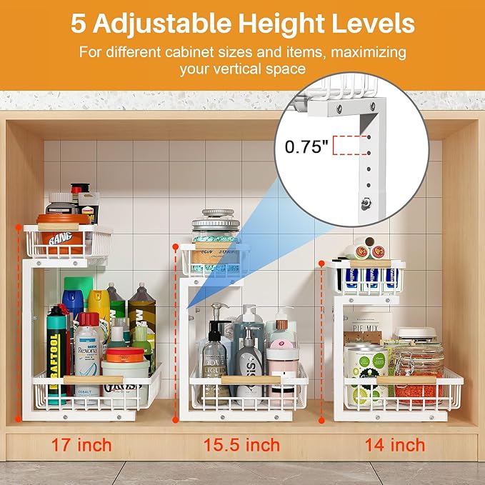REALINN Under Sink Organizer, 2 Pack Height Adjustable Under Sink Organizers and Storage, 2 Tier Pull Out Drawer Cabinet Storage for Kitchen Bathroom, White
