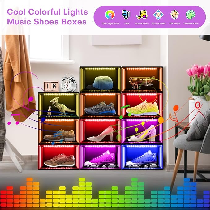 Oltraman Shoe Storage Organizer for Closet, Foldable Shoe Boxes Rack 2 pack, Clear Plastic Stackable Containers Bins Holder, Magnetic Sneaker Shelf for Sneakerheads with LED Lights (Black)