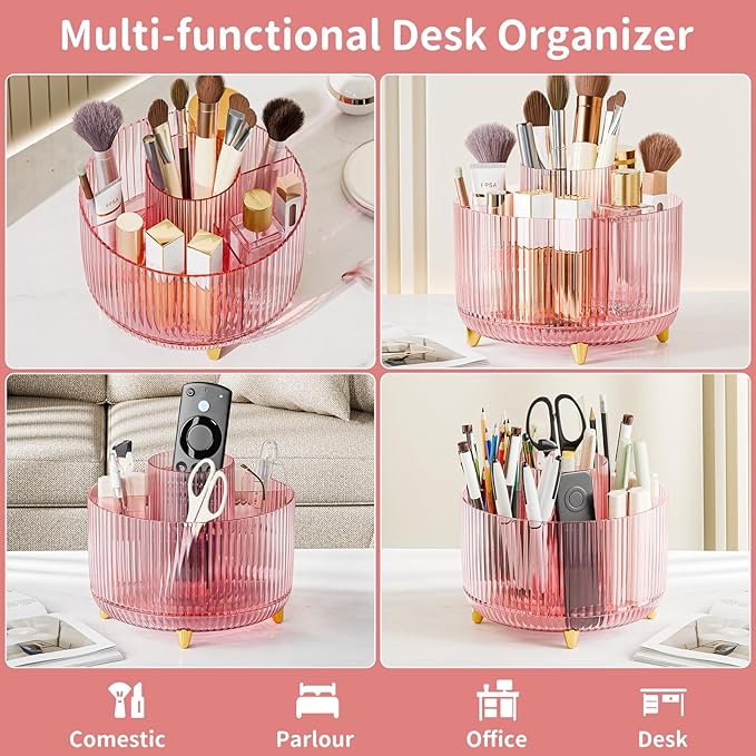 Clear Rotating Makeup Organizer Countertop for Vanity, Transparent Pink
