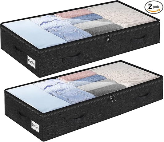 2 Pack 100L Under Bed Storage Containers, Low Profile Closet Organizers and Storage Bins for Dorm, Foldable Underbed Bag for Clothes, Blanket, Sheet, Wrapping Paper, Clear Window & Dual Zippers, Black