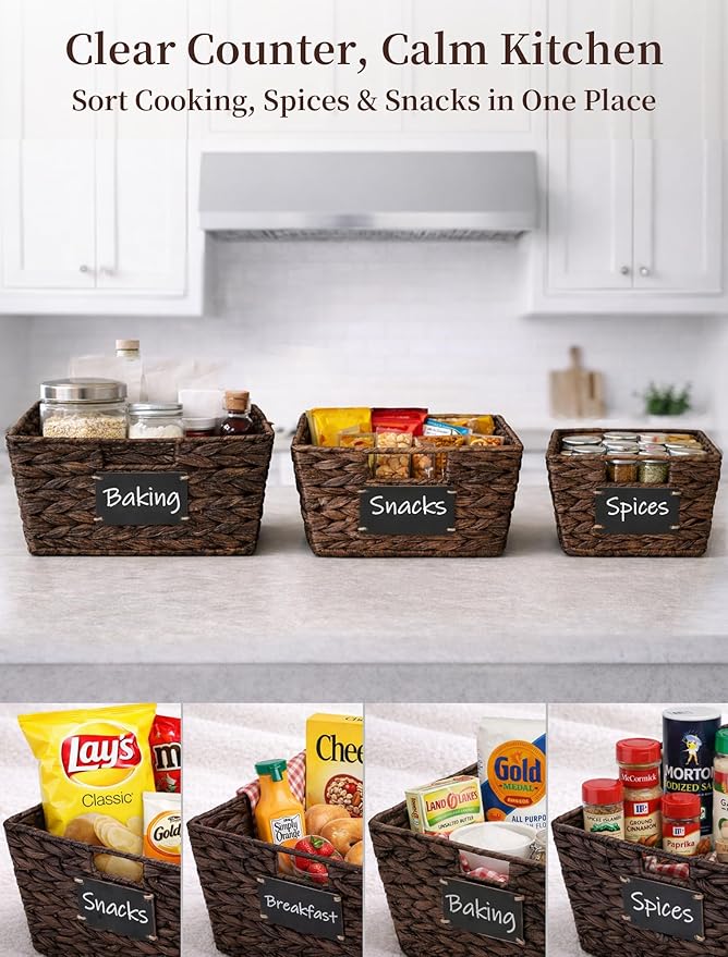 Pantry Organizers and Storage, Water Hyacinth Storage Baskets for Shelves, Brown Baskets for Organizing, Pantry Baskets with Chalkboard Labels and Marker