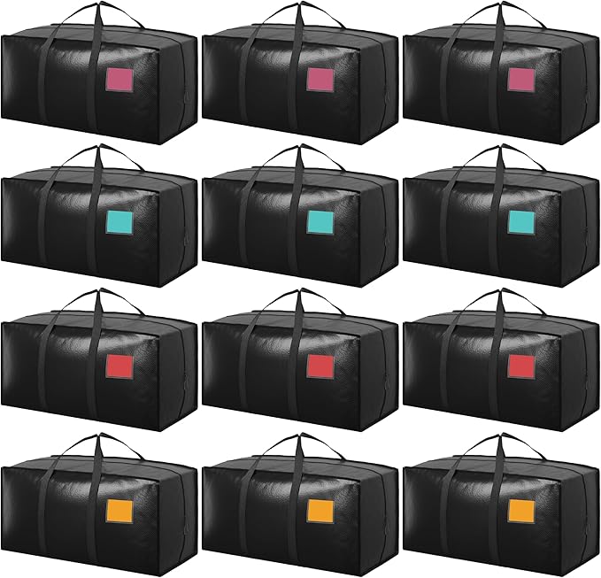 12 Pack Moving Bags with Full-Open Side Zipper, Extra Large 93L Heavy Duty Waterproof Foldable Storage Totes for College Dorm, Moving & Home Organization Black