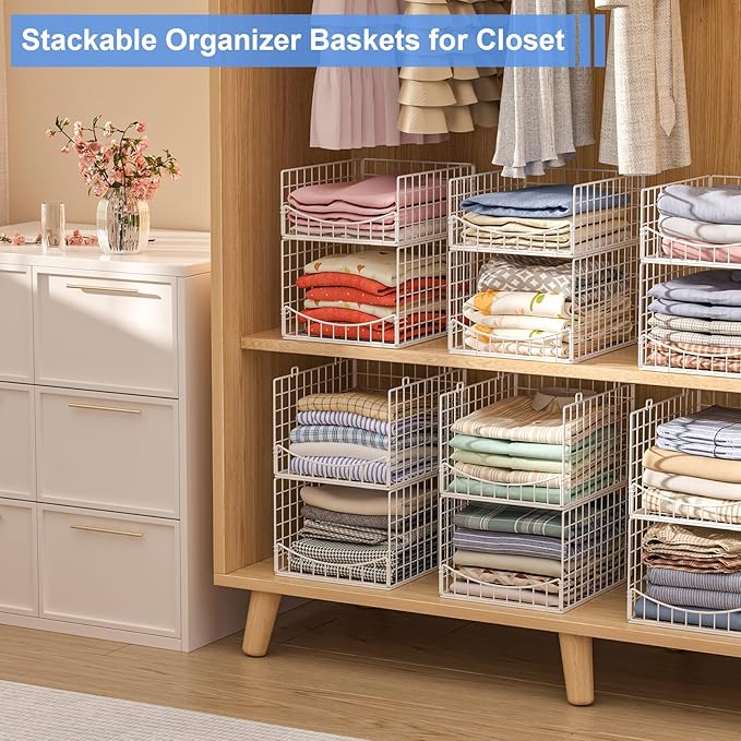Hongtamoya 4-Tier Stackable Closet Organizers and Storage Shelves, Foldable & Mutifunctional Clothes Storage Basket Sweater Organizer Bins Container for Wardrobe Kitchen Office Bathroom, White