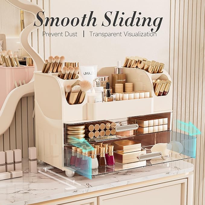 Large Makeup Organizer Countertop with 6 Brush Holders, Cream White