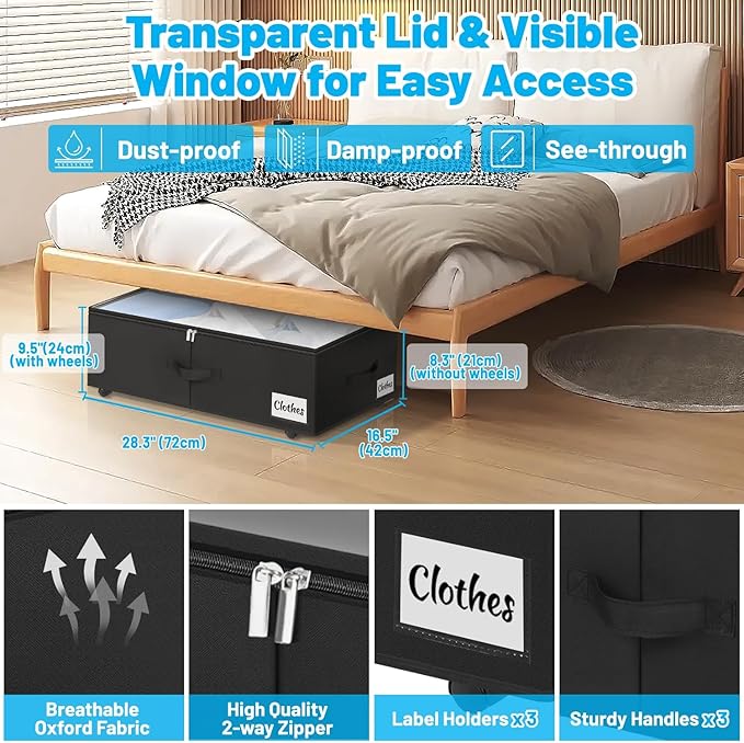 Under Bed Storage with Wheels, 2-Pack 10" Height XXL 75L Rolling Storage Bins, Quick Assembly Underbed Shoe Storage Containers with Clear Lid & Label, Dorm Under Bed Drawers for Clothes, Shoes, Grey